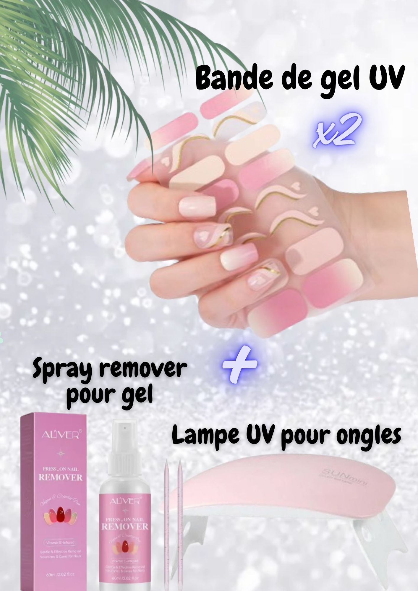 Pack vernis gel UV autocollant, 16(x2) bandes de vernis semi-durcis pour ongle; Spray dissolvant et Lampe UV pour vernis gel